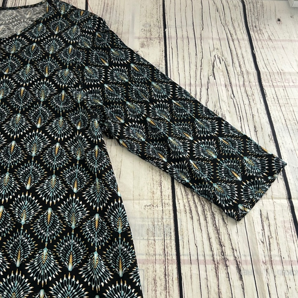 J. Jill Petite Large Peacock Print Henley Tunic Top Teal Black 3/4 Sleeve Rayon - Picture 5 of 10